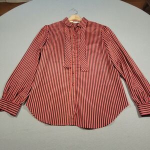 Vintage 80s The Villager Striped Blouse‎ Button Up With Neck Tie Size Large
